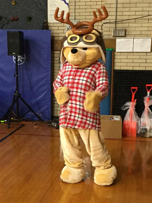 Lindbergh mascot, Lucky Lindy, with reindeer antlers 