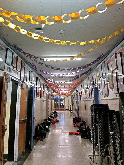 Paper link chains hanging in the hallways 
