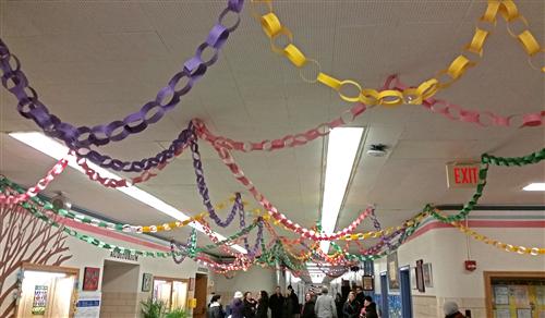 Paper link chains hang in the hallways 
