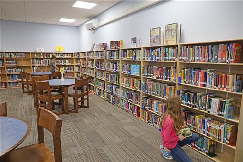students pick out books in the new Edison Elementary library